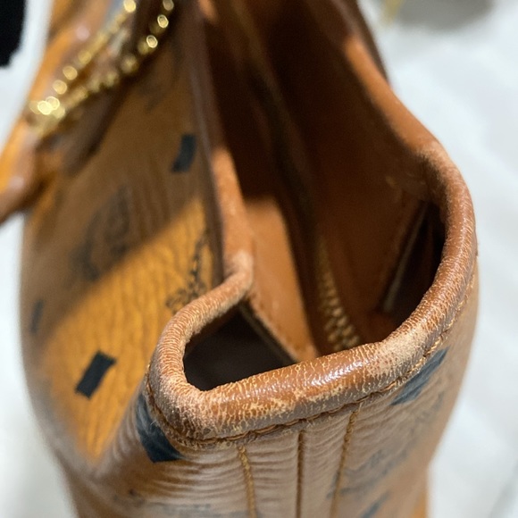 MCM #H5822 Vintage Visetos Blue Stripes Monogram Small Tote Bag  EUC Cognac - Picture 12 of 16